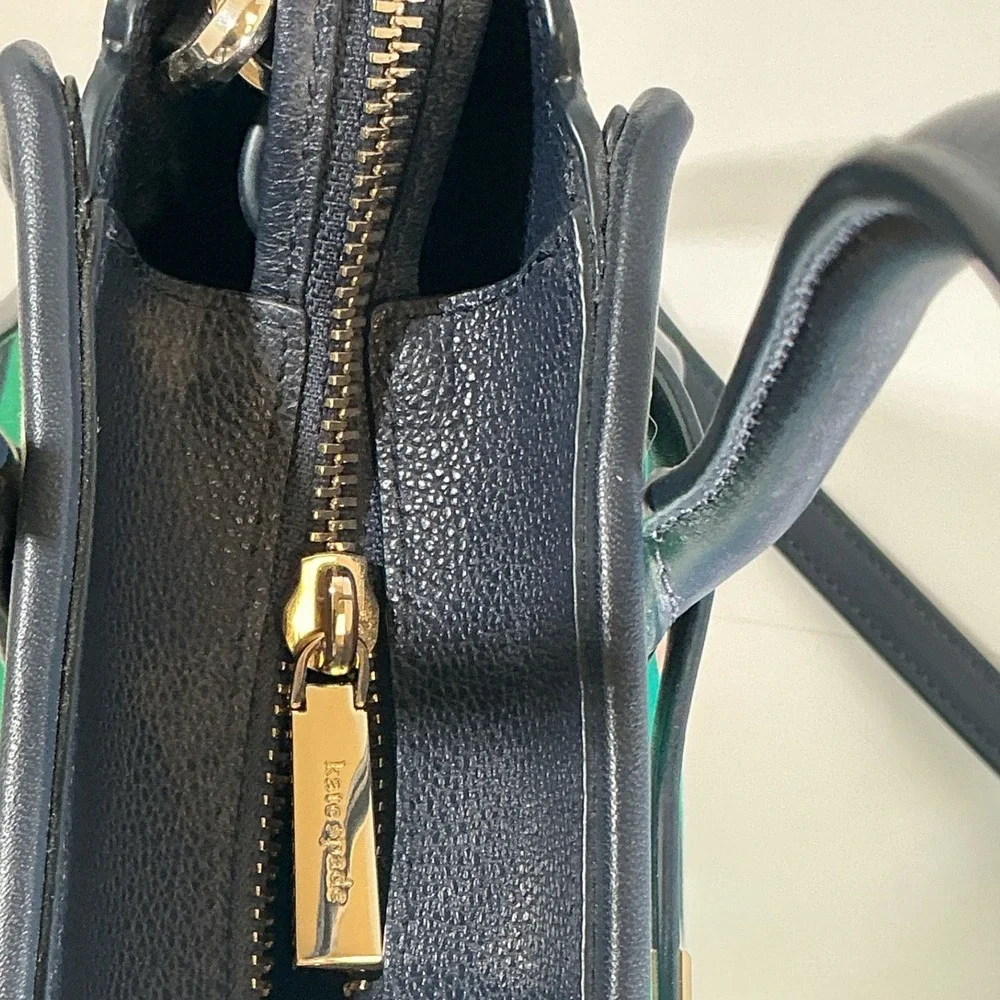 Kate Spade Lucia‎ Lily Blooms Medium Canvas Satchel Navy Leather Trim Handbag